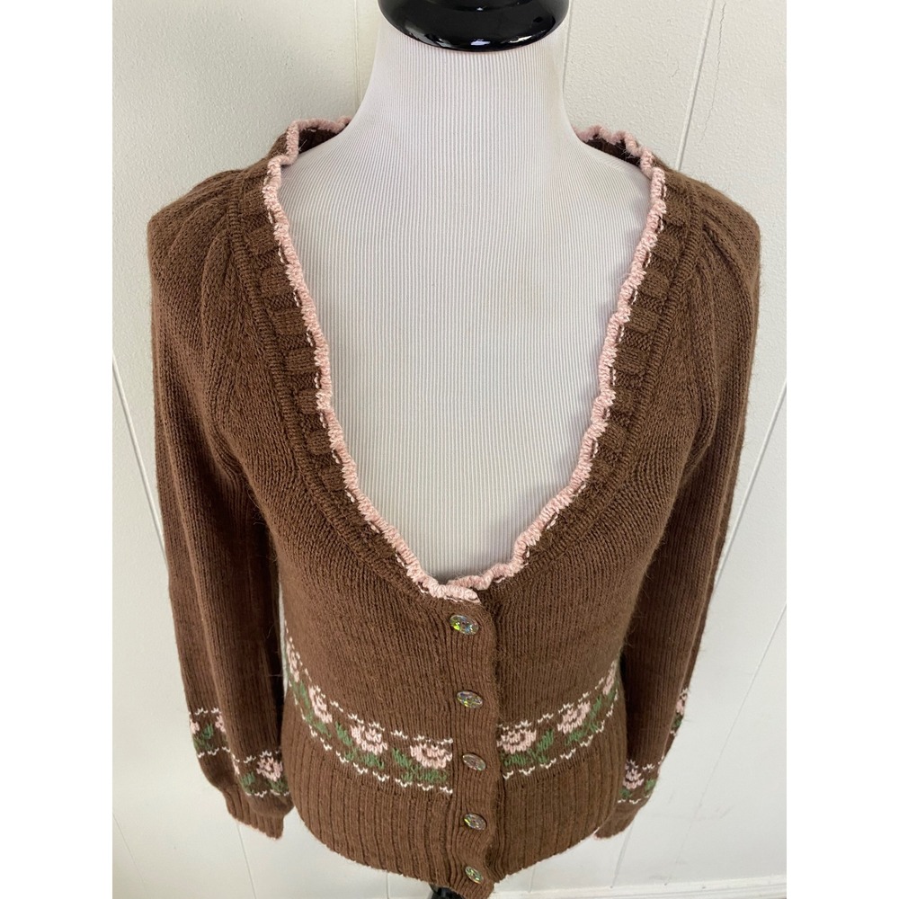 NWT Kimchi Blue Urban‎ Outfitters M Brown Floral Ruffle V-Neck Cardigan Coquette - Picture 7 of 12